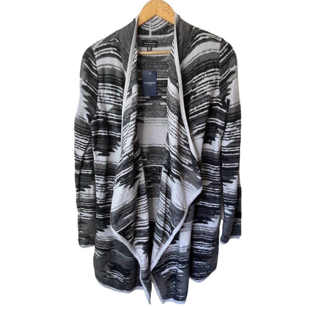 Lucky Brand Sweater Cardigan Open Women Small Aztec‎ Black Southwestern New